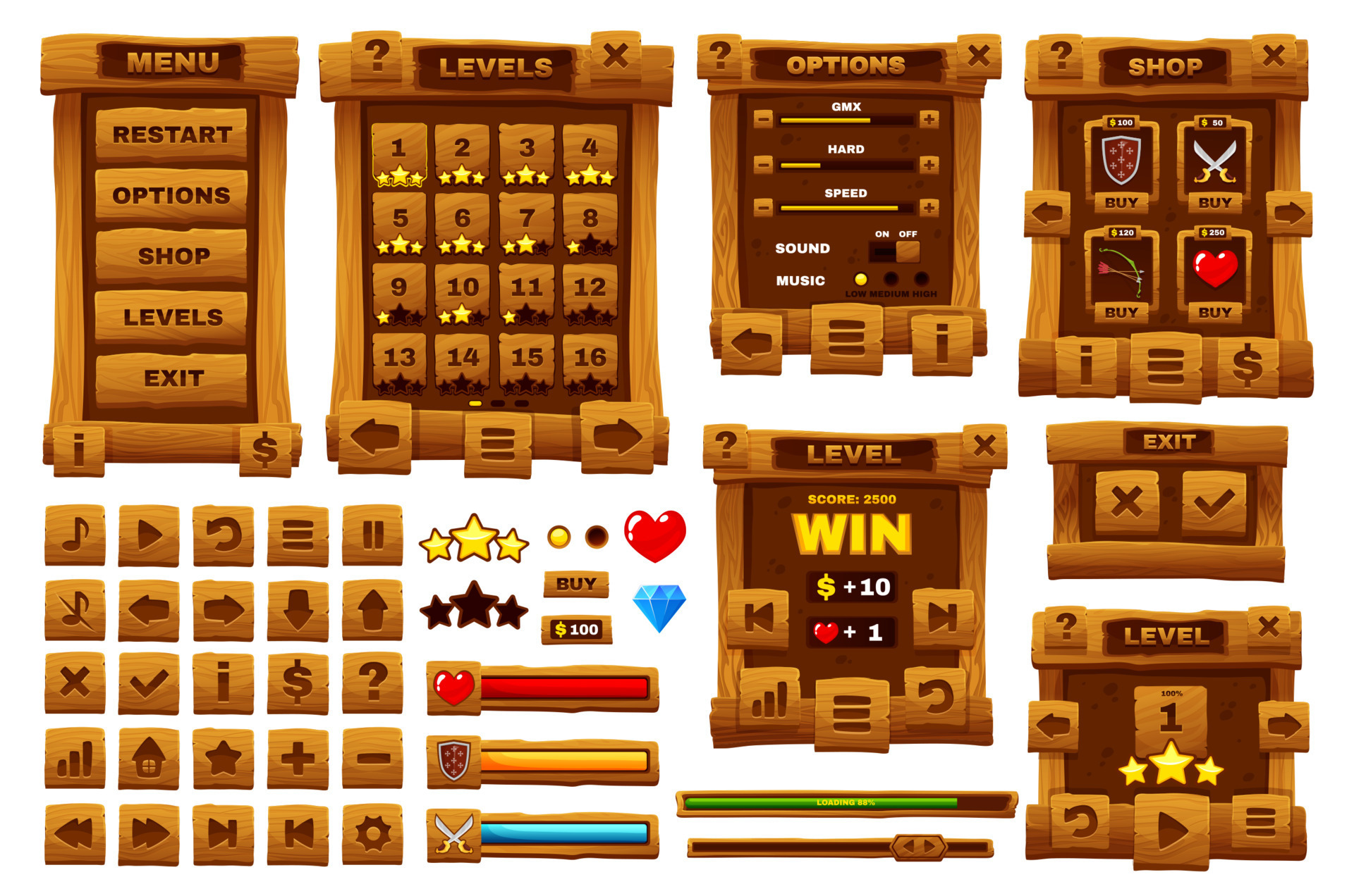 Wooden buttons for ui game, gui – MasterBundles