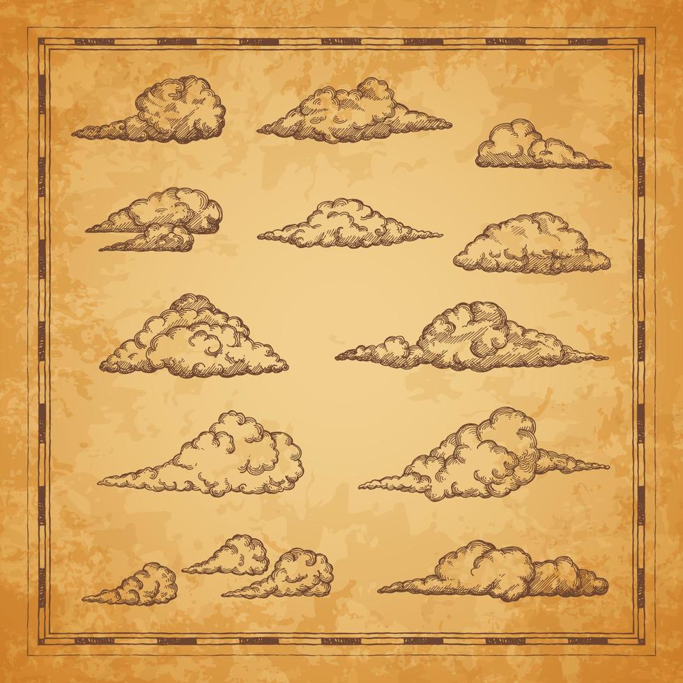 nubes de mapa vintage y elementos de boceto de nubosidad vector