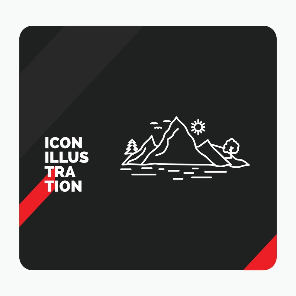 Red and Black Creative presentation Background for Nature. hill. landscape. mountain. tree Line Icon vector