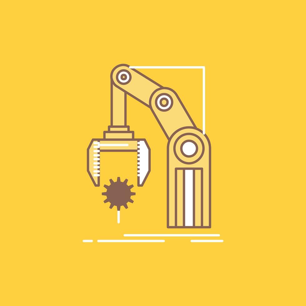 Automation. factory. hand. mechanism. package Flat Line Filled Icon. Beautiful Logo button over yellow background for UI and UX. website or mobile application vector