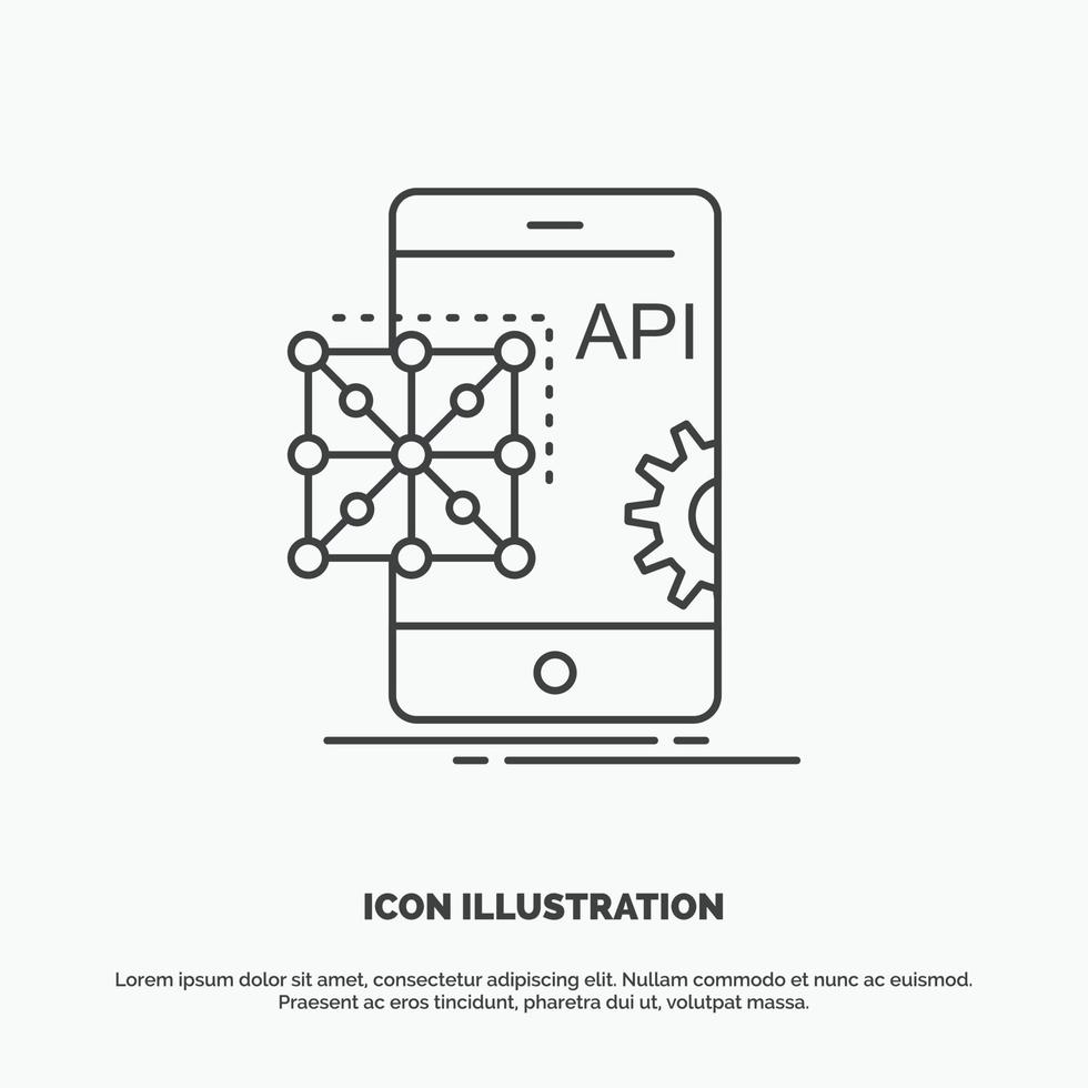 API. solicitud. codificación. desarrollo. icono móvil. símbolo gris vectorial de línea para ui y ux. sitio web o aplicación móvil vector