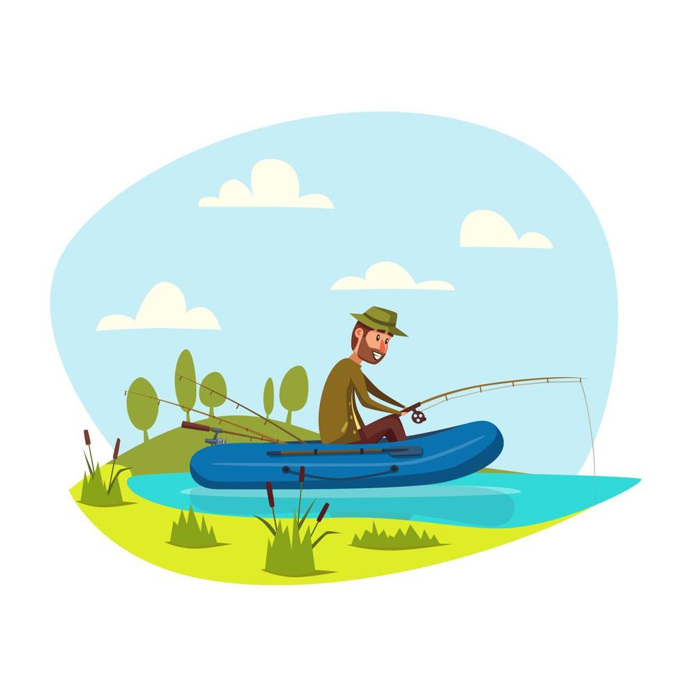 hombre pescador pescando en barco con vector de caña de pescar