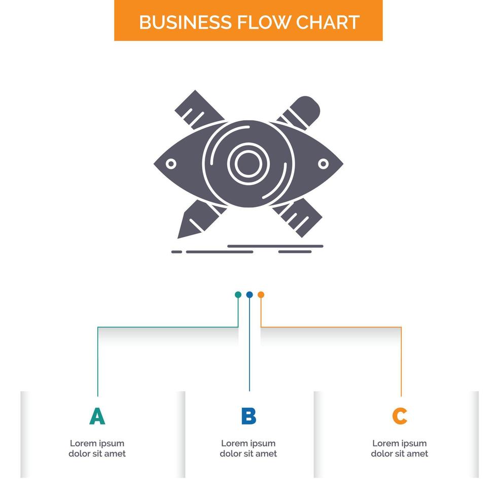 diseño. diseñador. ilustración. bosquejo. herramientas de diseño de diagramas de flujo de negocios con 3 pasos. icono de glifo para el lugar de plantilla de fondo de presentación para texto. vector