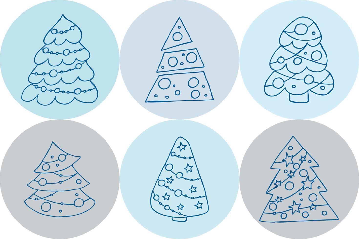 A set of hand-drawn christmas trees. Vector illustration in doodle style. Winter mood. Hello 2023. Merry Christmas and Happy New Year. Blue elements on a blue background.