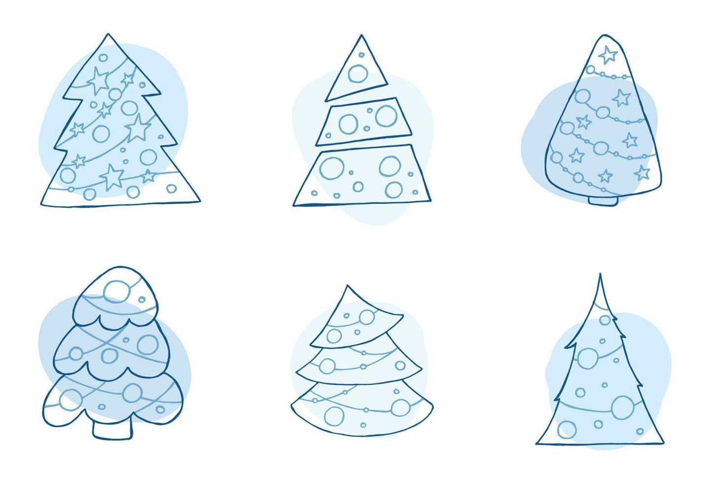 A set of hand-drawn christmas trees. Vector illustration in doodle style. Winter mood. Hello 2023. Merry Christmas and Happy New Year. Blue elements on a white background.