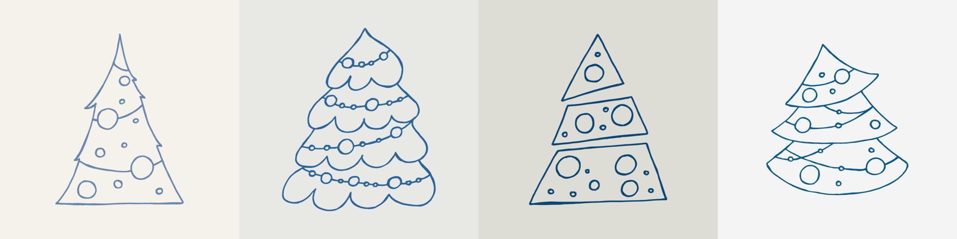 A set of hand-drawn christmas trees. Vector illustration in doodle style. Winter mood. Hello 2023. Merry Christmas and Happy New Year. Blue elements on a gray background.