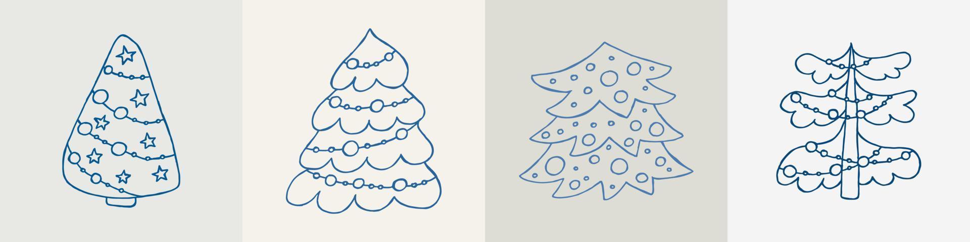 A set of hand-drawn christmas trees. Vector illustration in doodle style. Winter mood. Hello 2023. Merry Christmas and Happy New Year. Blue elements on a gray background.