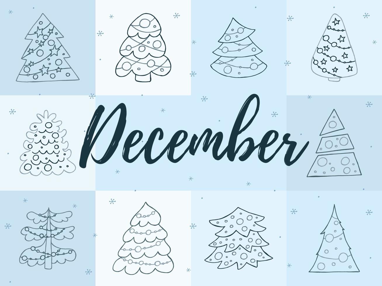 A set of hand-drawn christmas trees. Vector illustration in doodle style. Winter mood. Hello 2023. Merry Christmas and Happy New Year. Gray elements with a snowflakes on a white background.