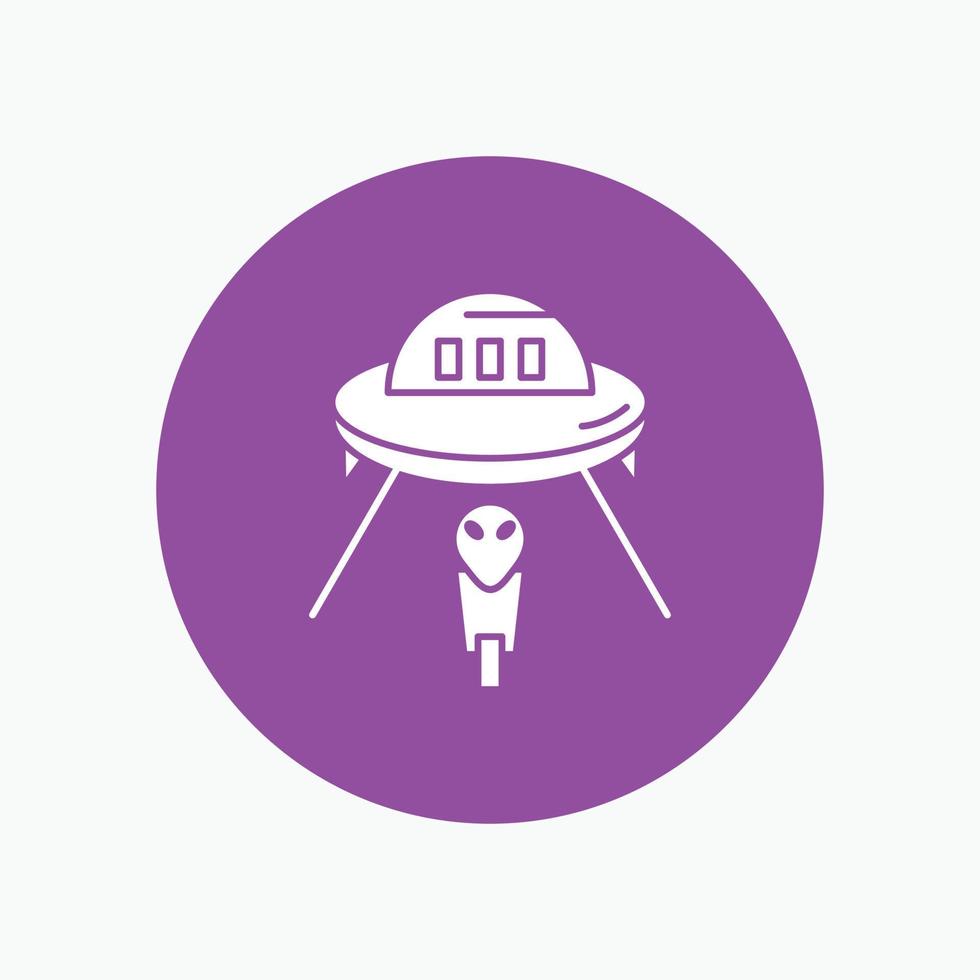 extraterrestre. espacio. OVNI. astronave. marte icono de glifo blanco en círculo. ilustración de botón de vector