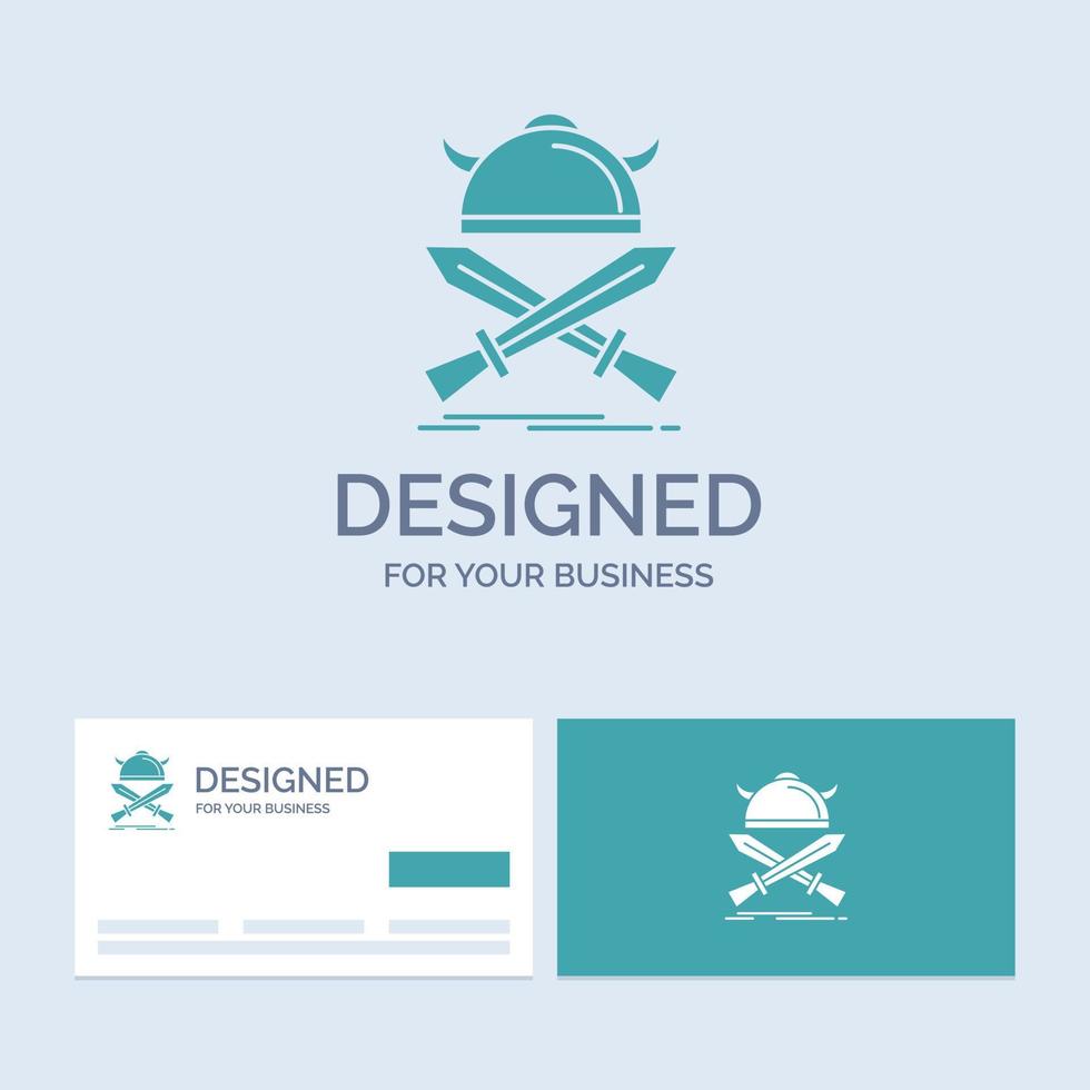 battle. emblem. viking. warrior. swords Business Logo Glyph Icon Symbol for your business. Turquoise Business Cards with Brand logo template. vector