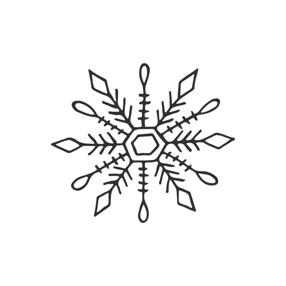 A hand-drawn snowflake. Vector illustration in doodle style. Winter mood. Hello 2023. Merry Christmas and Happy New Year. Black element on a white background.