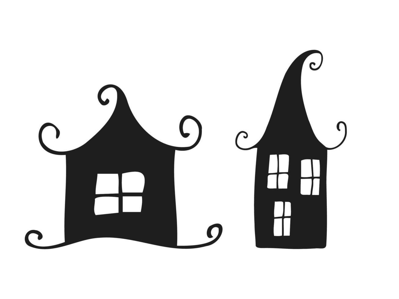 Halloween 2022 - October 31. A traditional holiday. Trick or treat. Vector illustration in hand-drawn doodle style. Set of silhouettes of festive terrible houses.