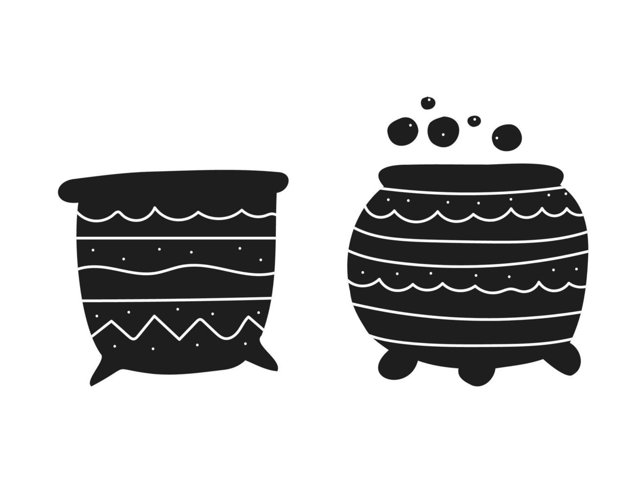 Halloween 2022 - October 31. A traditional holiday. Trick or treat. Vector illustration in hand-drawn doodle style. Set of silhouettes of witch cauldrons.