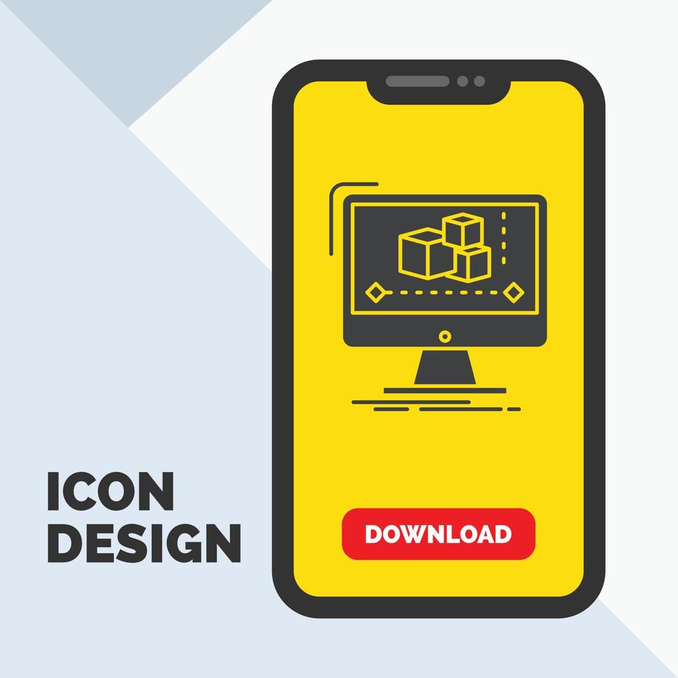 Animation. computer. editor. monitor. software Glyph Icon in Mobile for Download Page. Yellow Background vector