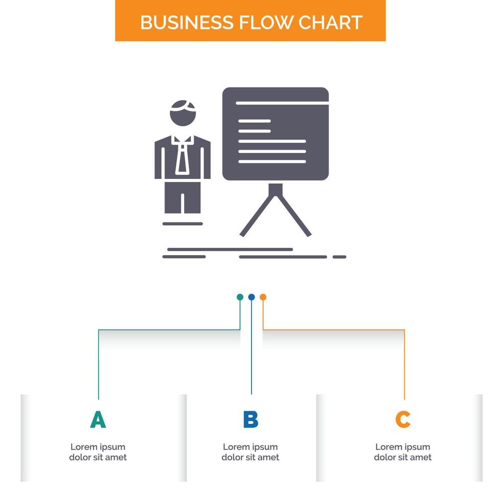 presentation. businessman. chart. graph. progress Business Flow Chart Design with 3 Steps. Glyph Icon For Presentation Background Template Place for text. vector