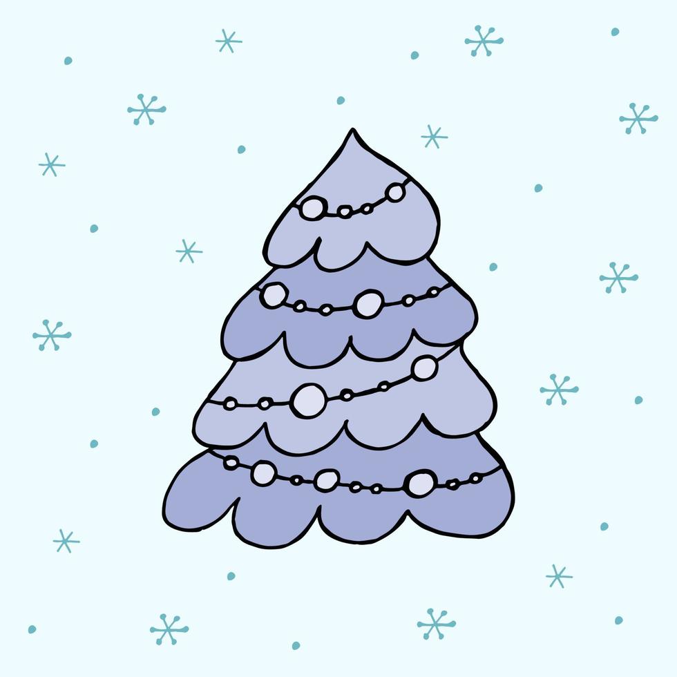 A hand-drawn christmas tree. Colored vector illustration in doodle style. Winter mood. Hello 2023. Merry Christmas and Happy New Year. Blue tree with toys on a background with a snowflakes.