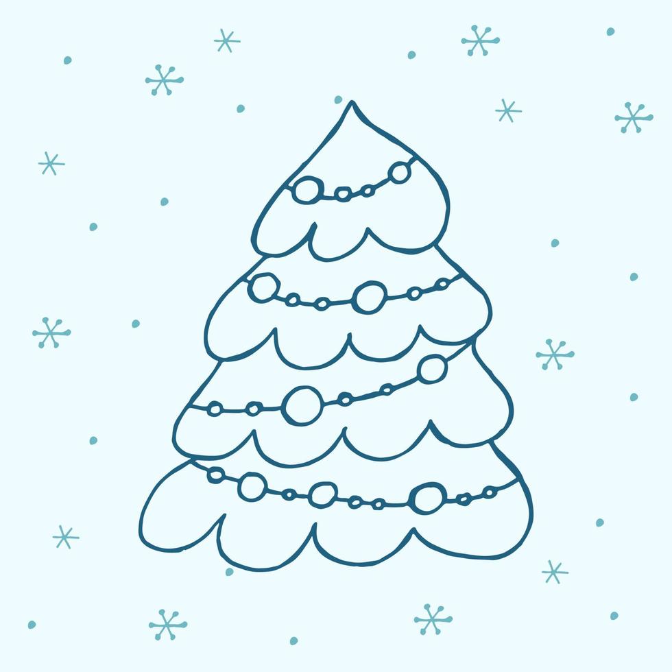 un árbol de navidad dibujado a mano. ilustración vectorial en estilo garabato. estado de ánimo de invierno. hola 2023. feliz navidad y próspero año nuevo. elemento azul oscuro con copos de nieve sobre un fondo azul. vector