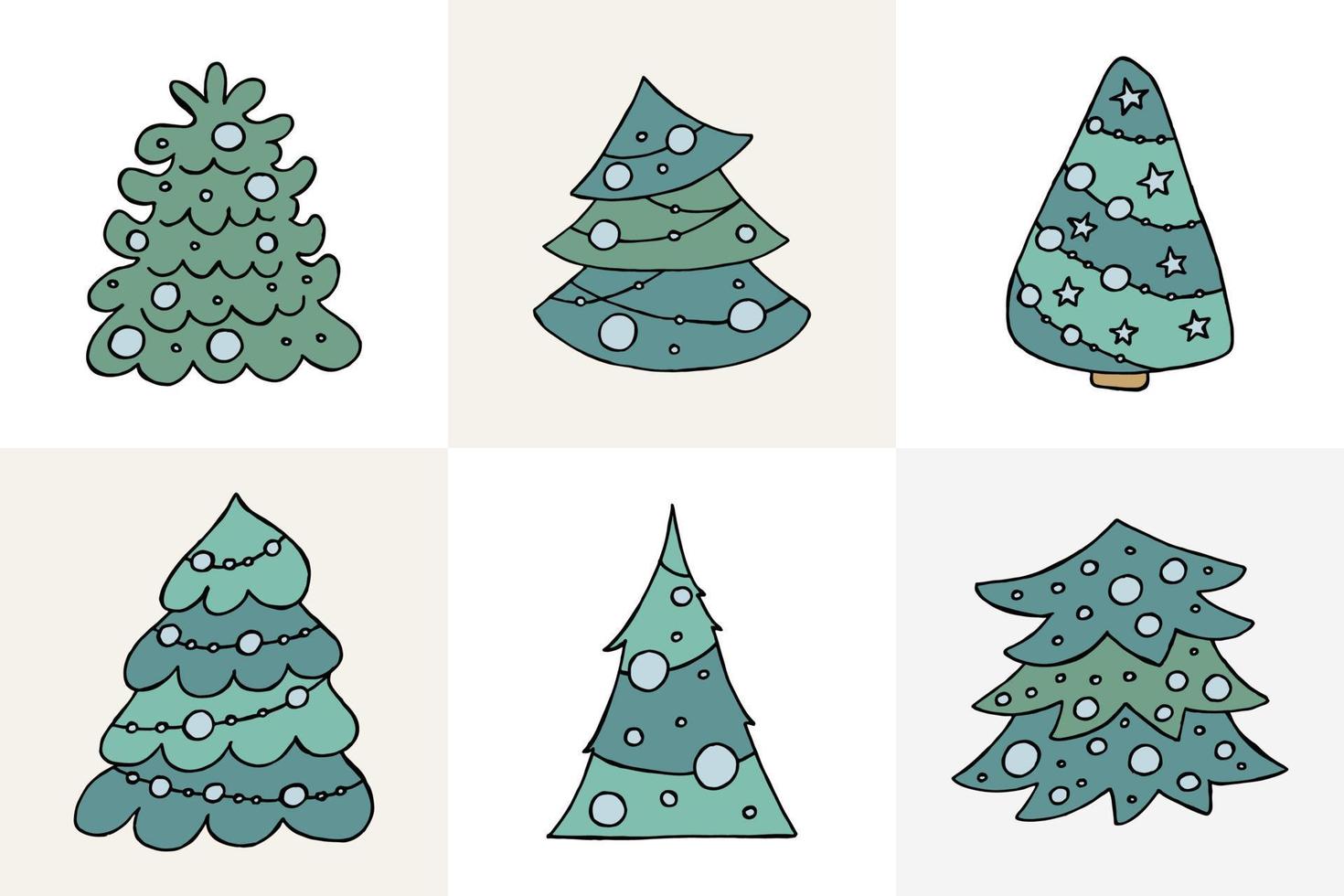 A hand-drawn christmas tree. Vector illustration in doodle style. Winter mood. Hello 2023. Merry Christmas and Happy New Year. Green trees with a blue toys on a gray background.