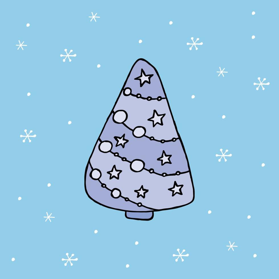 un árbol de navidad dibujado a mano. ilustración vectorial coloreada en estilo garabato. estado de ánimo de invierno. hola 2023. feliz navidad y próspero año nuevo. árbol azul con juguetes sobre un fondo con copos de nieve. vector