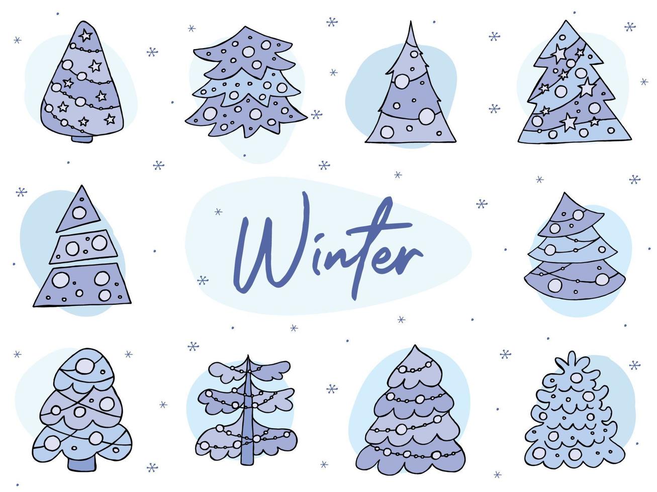 A hand-drawn christmas tree. Vector illustration in doodle style. Winter mood. Hello 2023. Merry Christmas and Happy New Year. Blue trees with a toys on a white background.