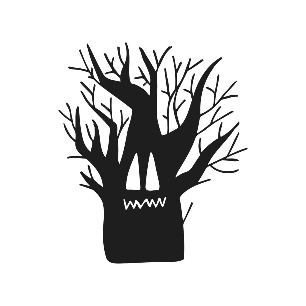 Halloween 2022 - October 31. A traditional holiday, the eve of All Saints Day, All Hallows Eve. Trick or treat. Vector illustration in hand-drawn doodle style. A scary creepy tree.