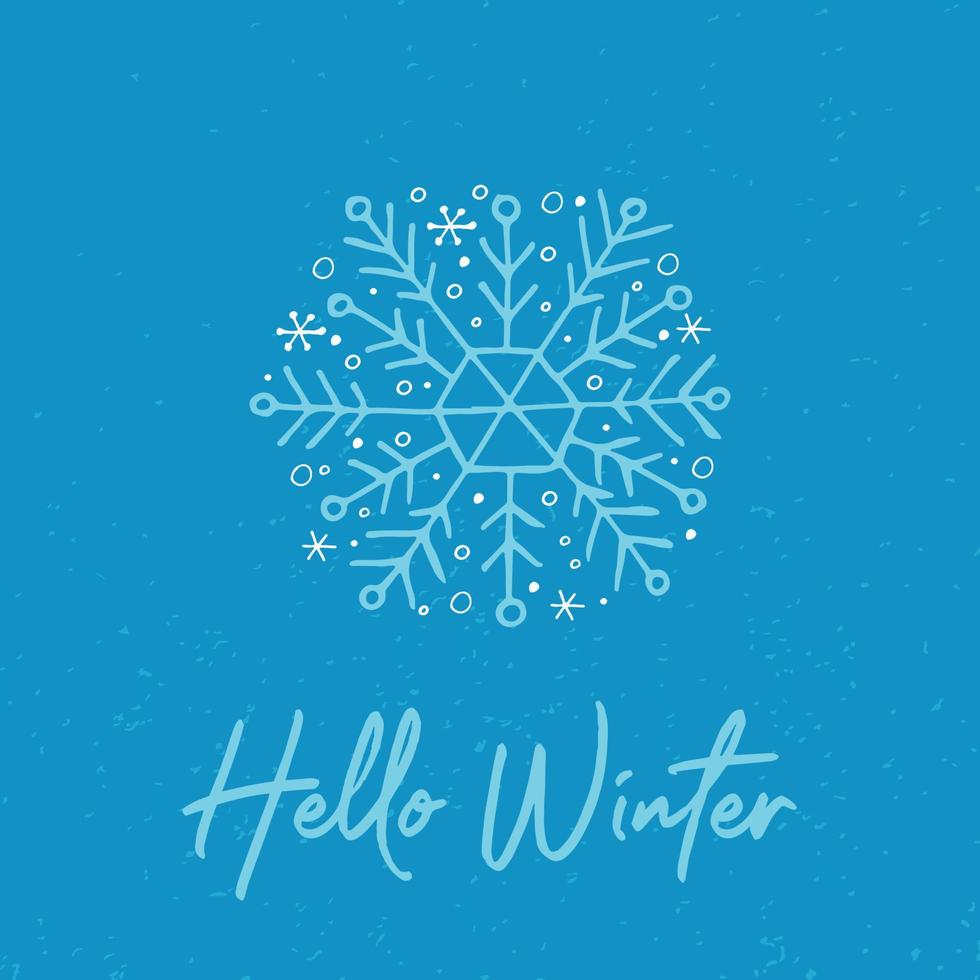 A hand-drawn snowflake. Vector illustration in doodle style. Winter mood. Hello 2023. Merry Christmas and Happy New Year. Light blue element on a blue background.