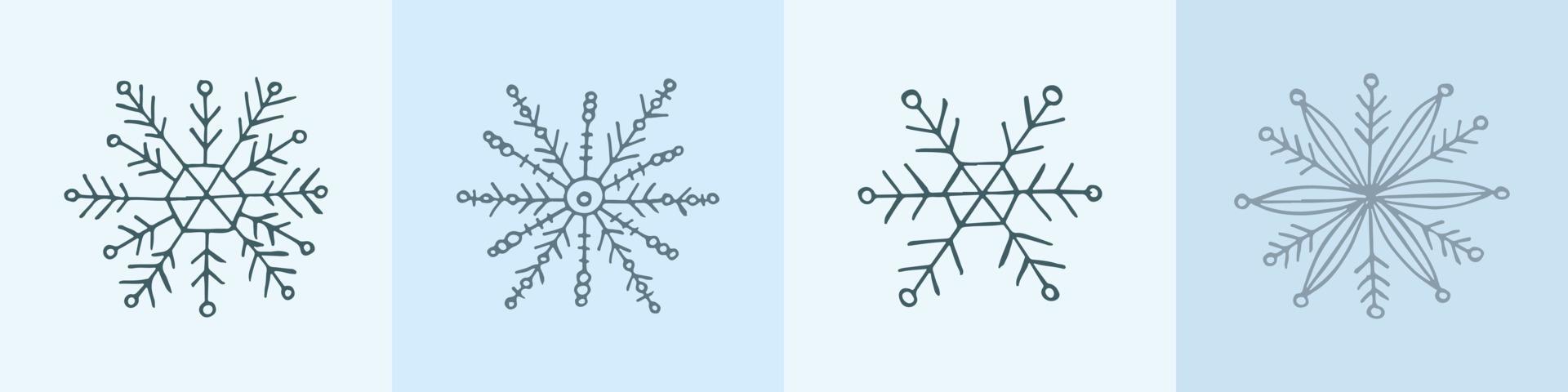 un conjunto de copos de nieve dibujados a mano. ilustración vectorial en estilo garabato. estado de ánimo de invierno. hola 2023. feliz navidad y próspero año nuevo. elementos grises sobre un fondo azul claro. vector