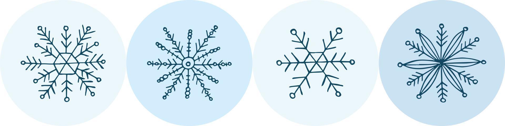 A set of hand-drawn snowflakes. Vector illustration in doodle style. Winter mood. Hello 2023. Merry Christmas and Happy New Year. Blue elements on a light blue background.