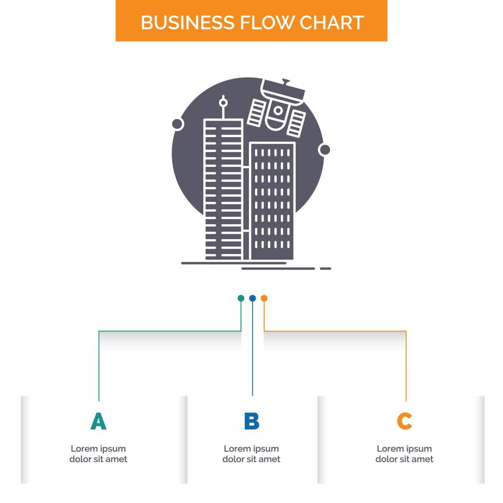 edificio. ciudad inteligente. tecnología. satélite. diseño de diagrama de flujo de negocios corporativos con 3 pasos. icono de glifo para el lugar de plantilla de fondo de presentación para texto. vector