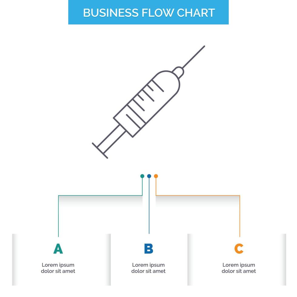 syringe. injection. vaccine. needle. shot Business Flow Chart Design with 3 Steps. Line Icon For Presentation Background Template Place for text vector