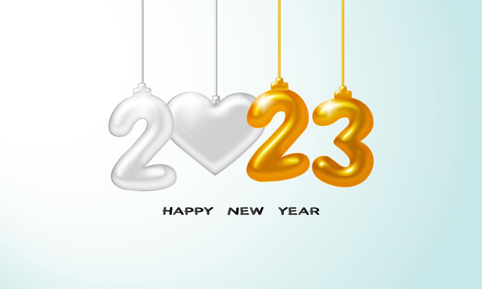 Happy New Year 2023. Holiday vector illustration of silver and gold metallic numbers 2023. Realistic 3d sign. Festive poster or banner design.