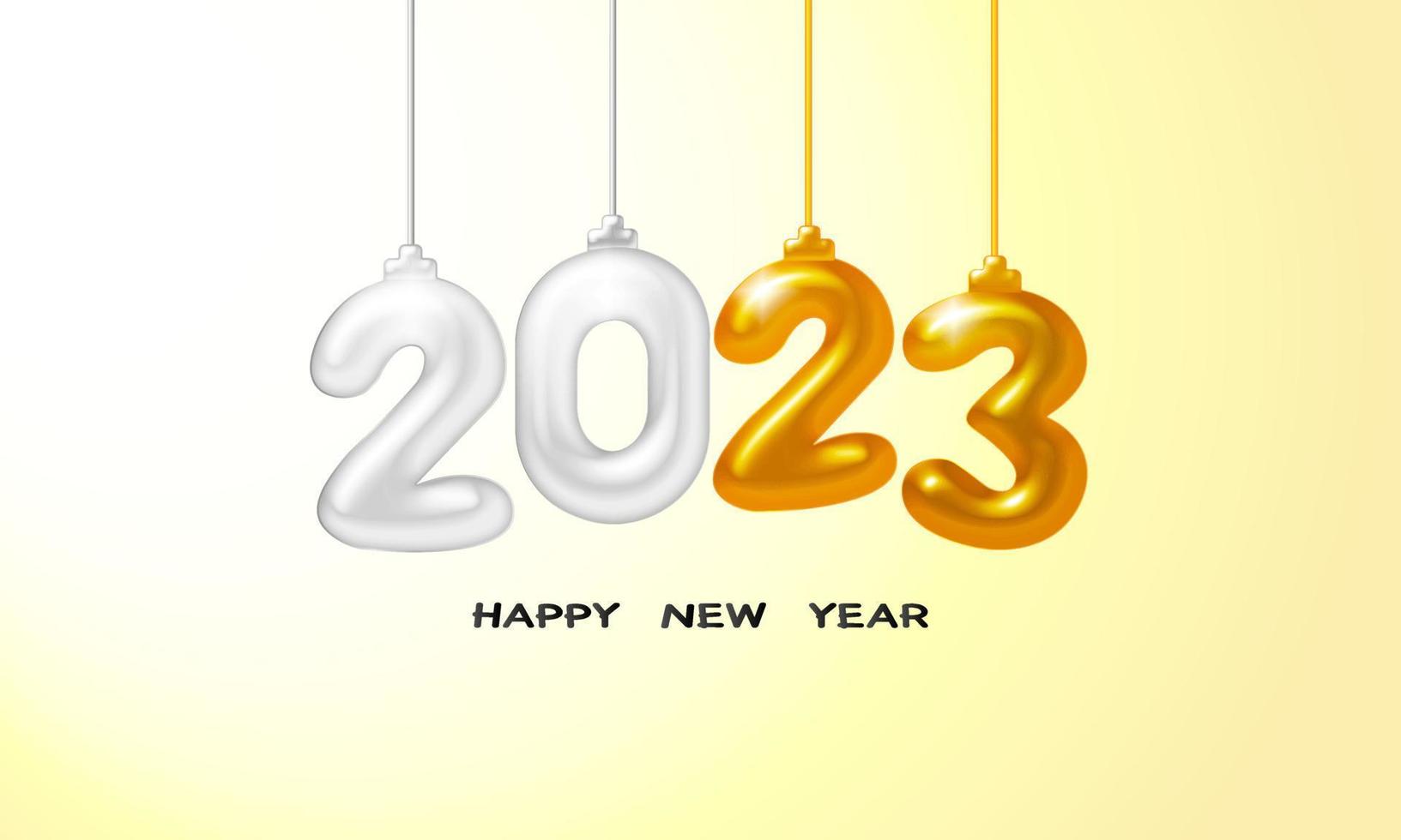 Happy New Year 2023. Holiday vector illustration of silver and gold metallic numbers 2023. Realistic 3d sign. Festive poster or banner design.