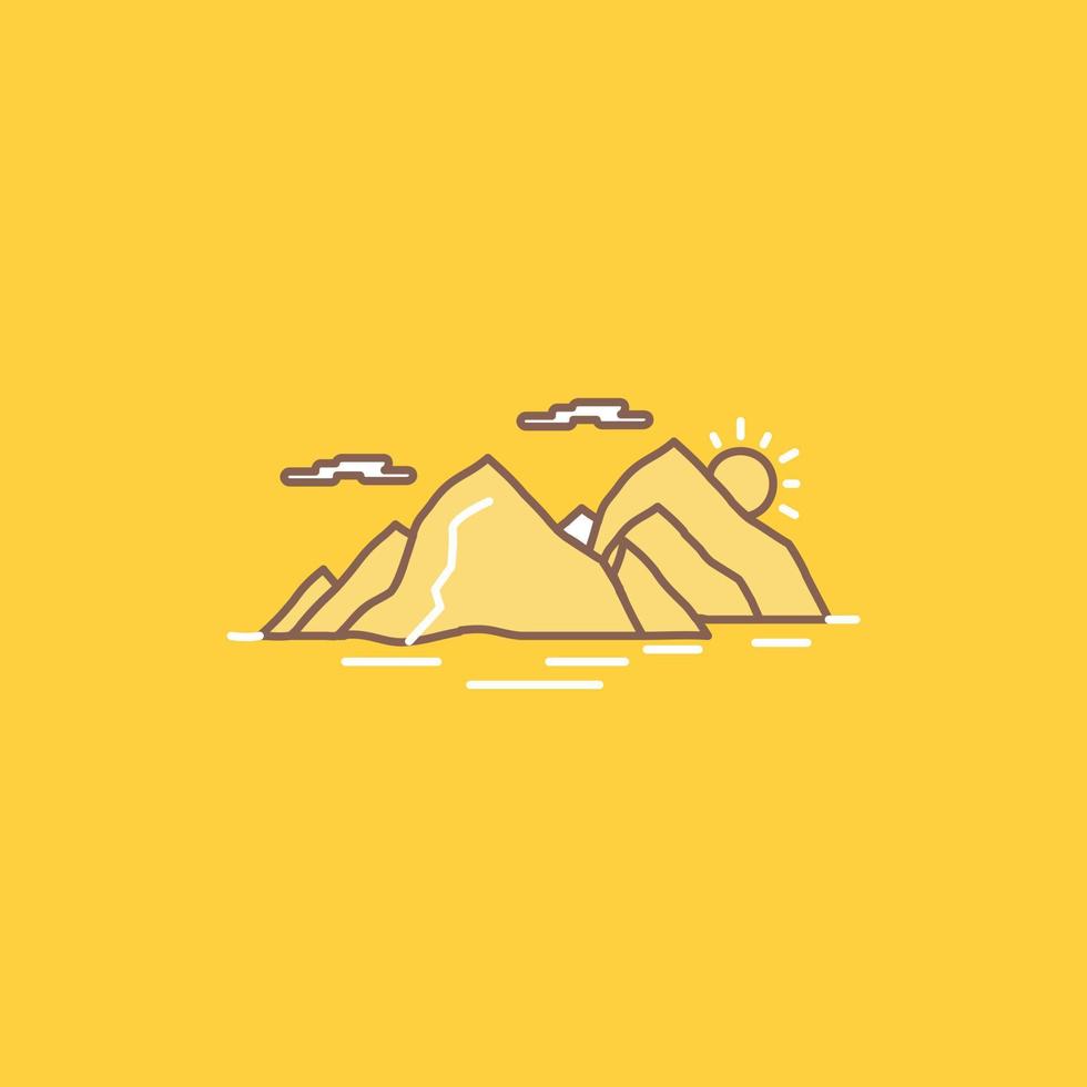 Mountain. hill. landscape. nature. evening Flat Line Filled Icon. Beautiful Logo button over yellow background for UI and UX. website or mobile application vector