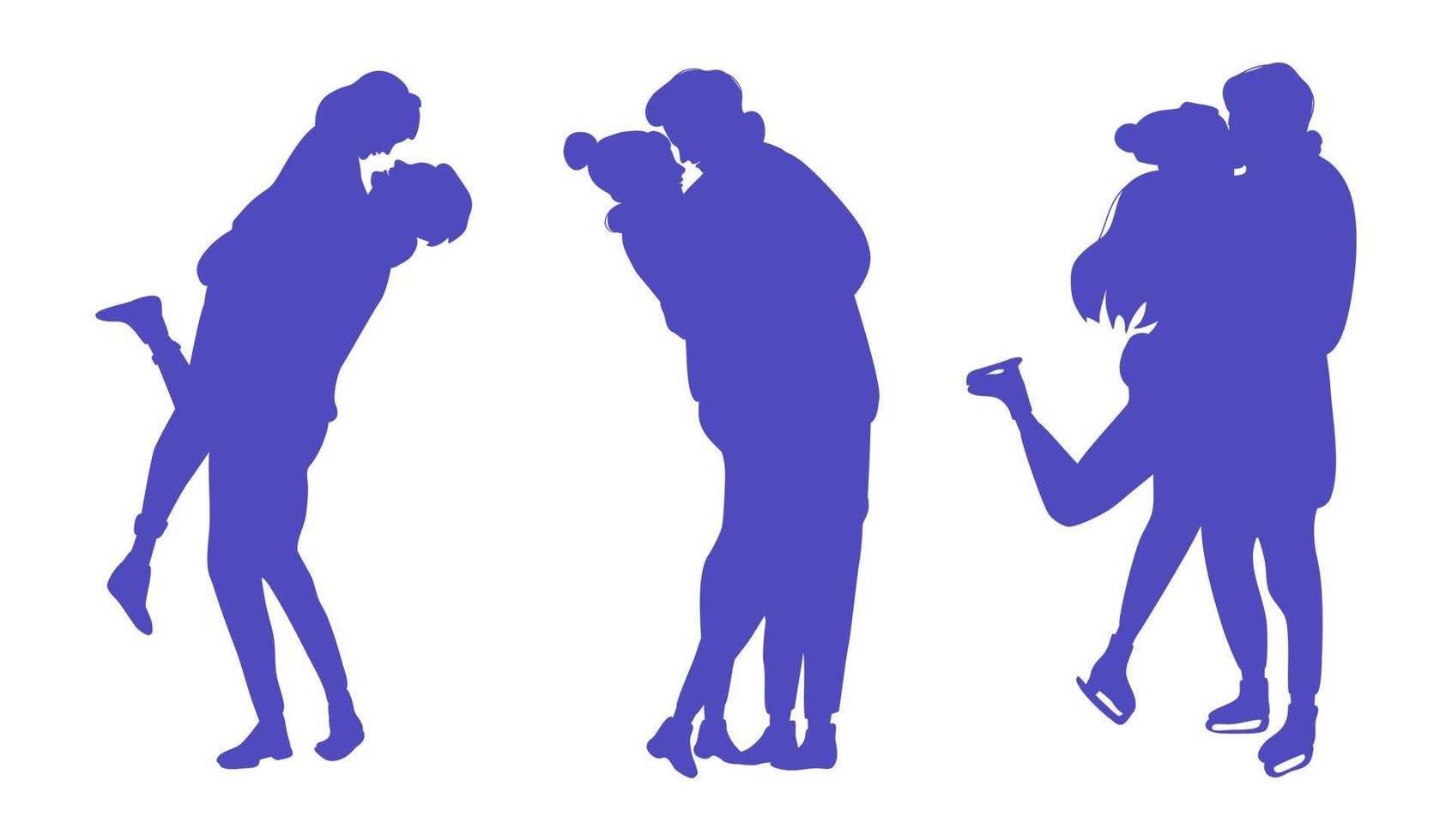 Silhouettes of romantic couples in love, hugging and kissing, isolated on white background. Christmas love story, Xmas date. A concept of holidays togetherness. vector