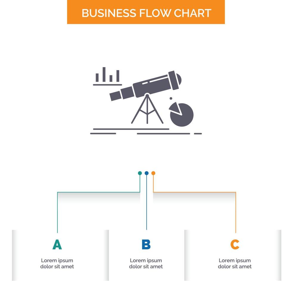 Analytics. finance. forecast. market. prediction Business Flow Chart Design with 3 Steps. Glyph Icon For Presentation Background Template Place for text. vector