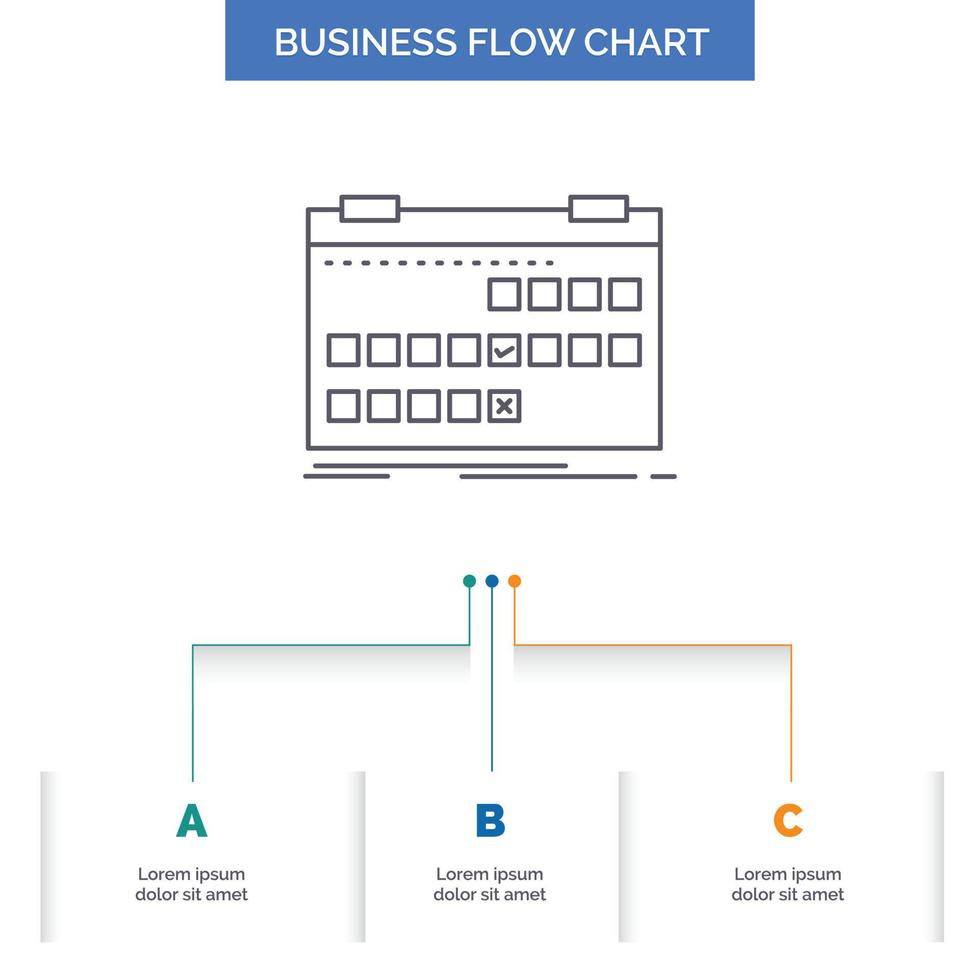 Calendar. date. event. release. schedule Business Flow Chart Design with 3 Steps. Line Icon For Presentation Background Template Place for text vector