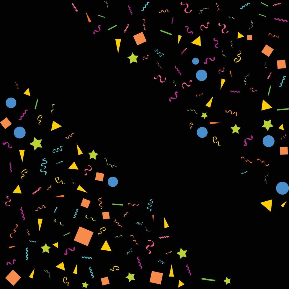 Vector abstract Black Background with many falling tiny colorful confetti pieces and ribbon. Carnival. Christmas or New Year decoration colorful party pennants for birthday. festival