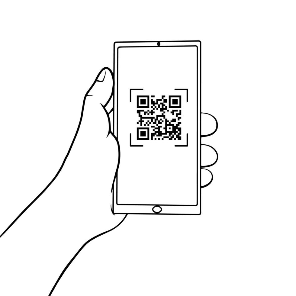 Hand holding a mobile phone with QR code on the screen. QR code scanning  in smartphone. Barcode scanner for pay, web, app, promo. vector