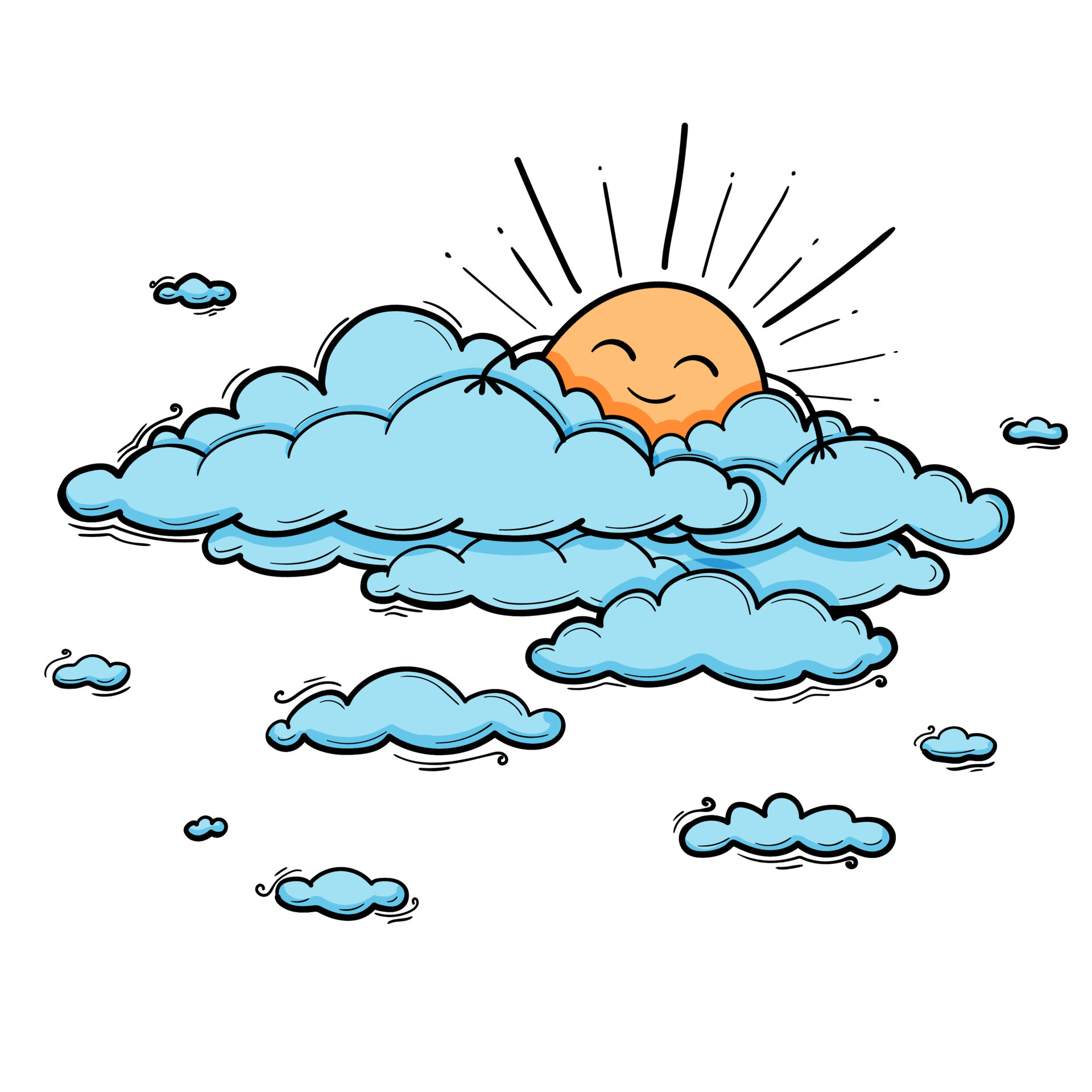 Sun and Cloud kids drawing for nursery in cartoon outline style. Blue