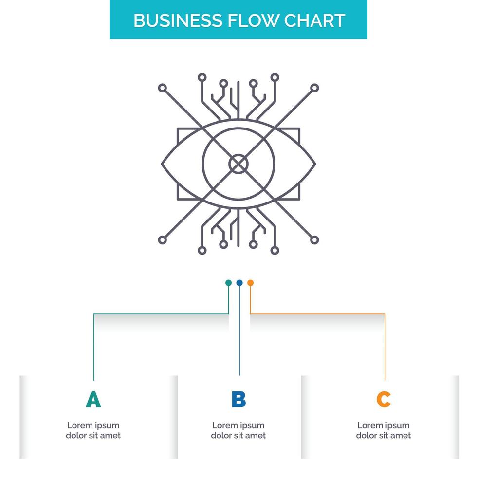 Arkansas. aumento. cibernético ojo. diseño de diagrama de flujo de negocio de lentes con 3 pasos. icono de línea para el lugar de plantilla de fondo de presentación para texto vector