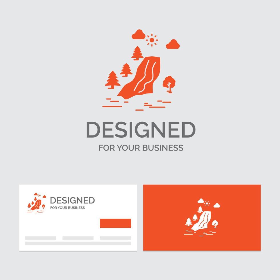 Business logo template for waterfall. tree. pain. clouds. nature. Orange Visiting Cards with Brand logo template. vector