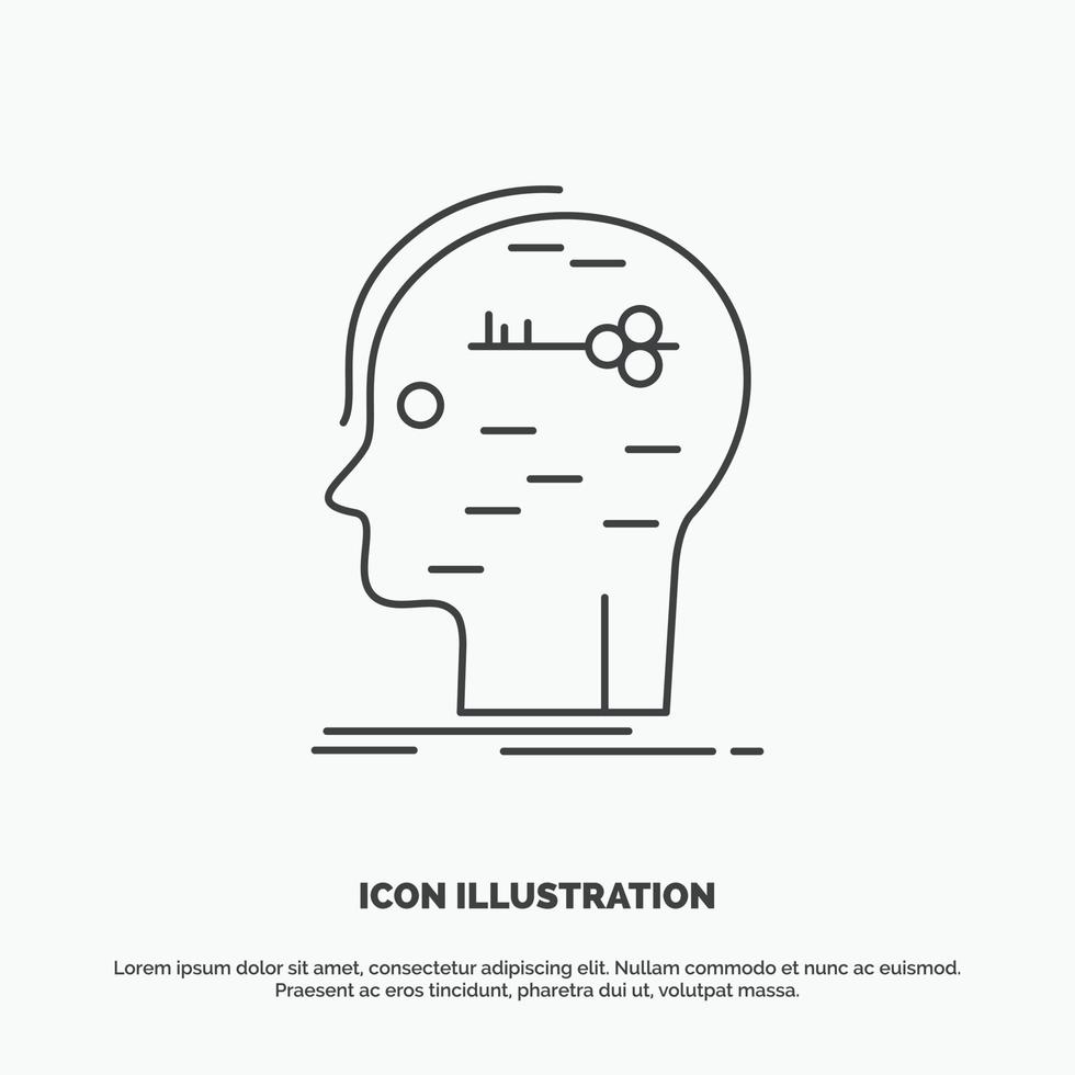 cerebro. cortar a tajos. hackear. llave. icono de la mente. símbolo gris vectorial de línea para ui y ux. sitio web o aplicación móvil vector