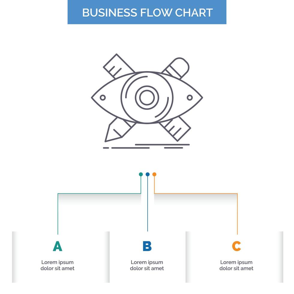 design. designer. illustration. sketch. tools Business Flow Chart Design with 3 Steps. Line Icon For Presentation Background Template Place for text vector