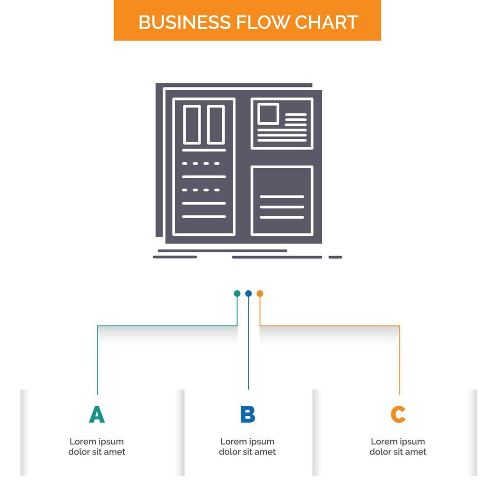 Design. grid. interface. layout. ui Business Flow Chart Design with 3 Steps. Glyph Icon For Presentation Background Template Place for text. vector