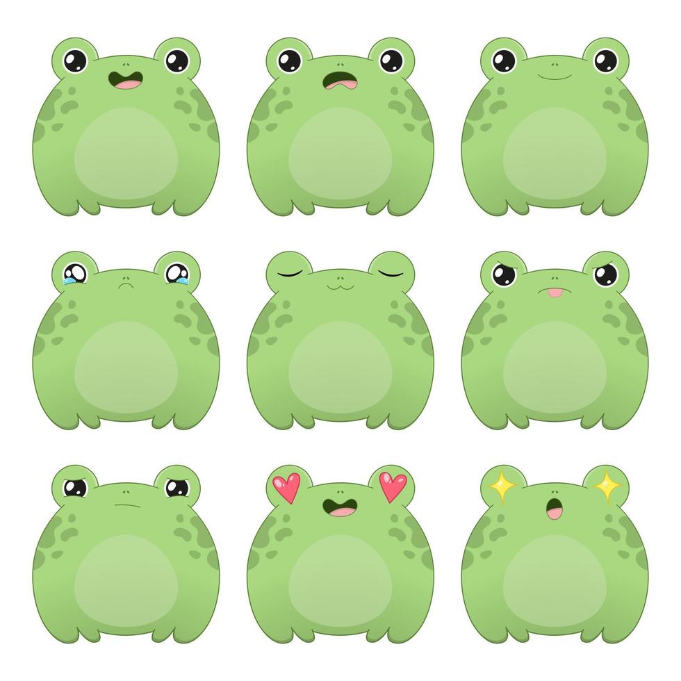 Icon set with green and cute frog. Different emotions happiness, sadness, anger. Vector. vector