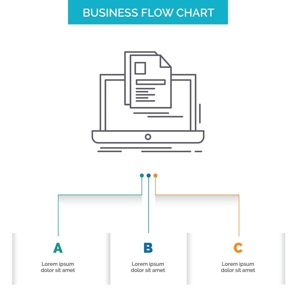 cuenta. computadora portátil. reporte. impresión. reanudar el diseño del diagrama de flujo empresarial con 3 pasos. icono de línea para el lugar de plantilla de fondo de presentación para texto vector