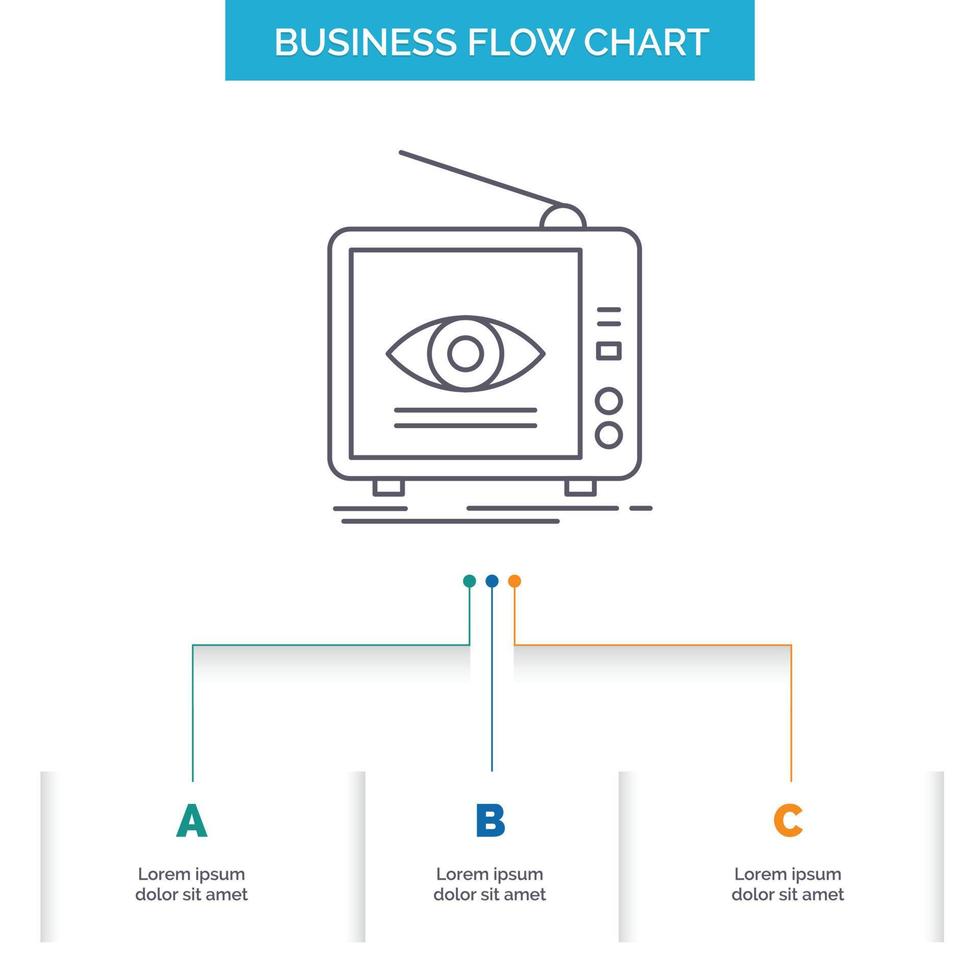 anuncio. transmisión. marketing. televisión. diseño de diagrama de flujo de negocios de televisión con 3 pasos. icono de línea para el lugar de plantilla de fondo de presentación para texto vector