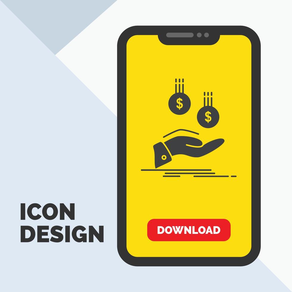 coins. hand. currency. payment. money Glyph Icon in Mobile for Download Page. Yellow Background vector