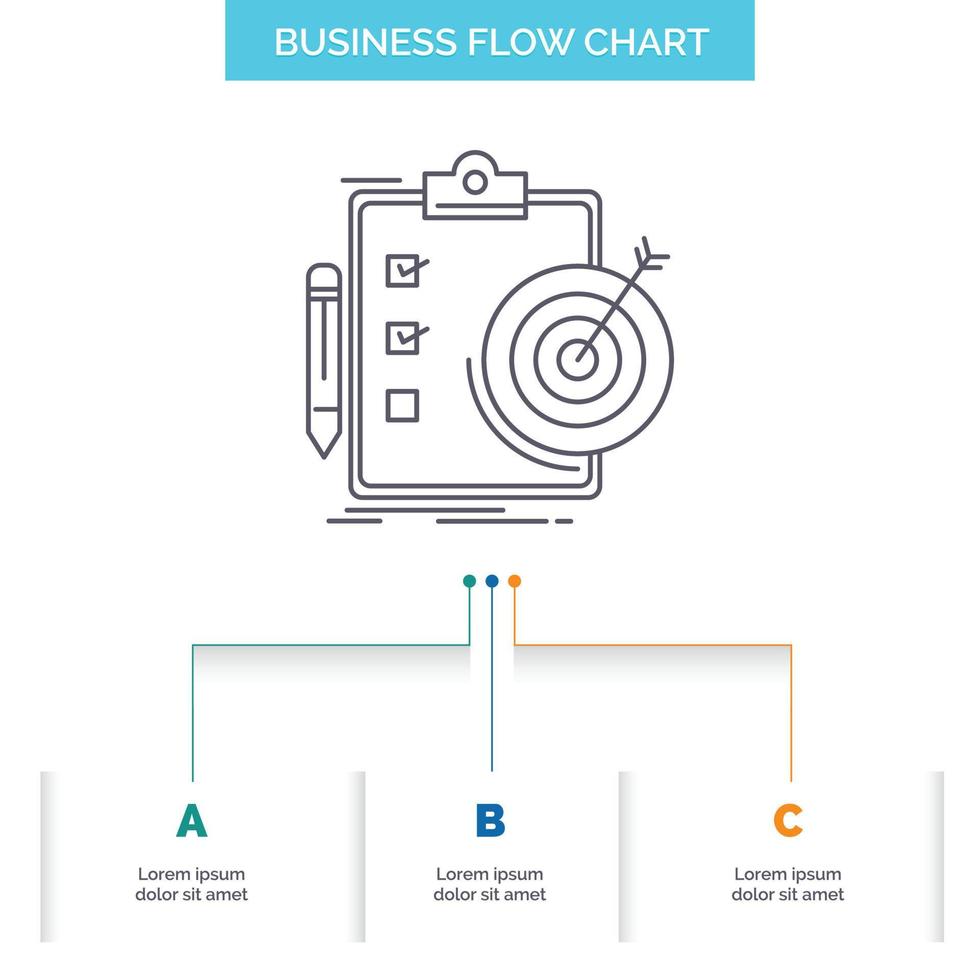 goals. report. analytics. target. achievement Business Flow Chart Design with 3 Steps. Line Icon For Presentation Background Template Place for text vector