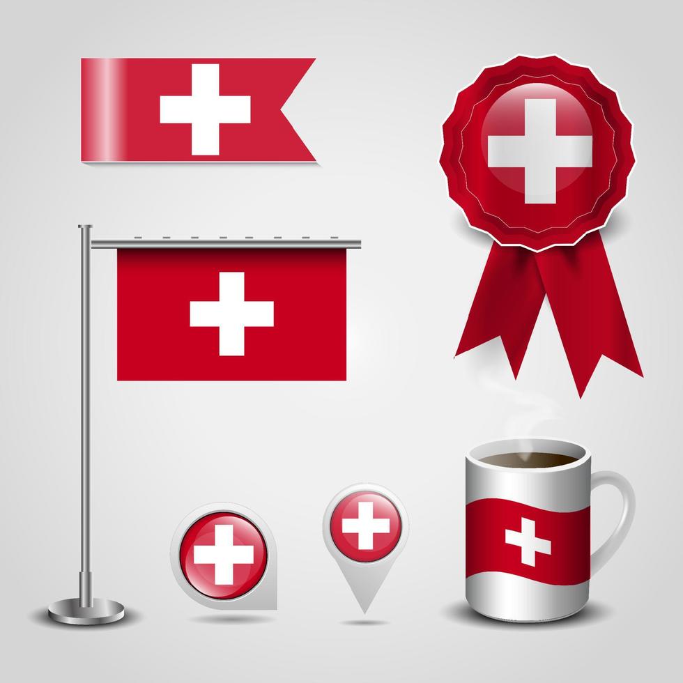 Switzerland Country Flag place on Map Pin. Steel Pole and Ribbon Badge Banner vector